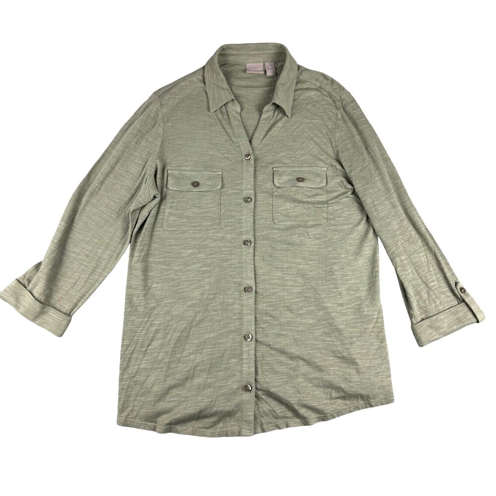 Chico's Top Women's 1 Medium Green Soft 3/4 Sleeve Button-Up Boho Pockets Casual